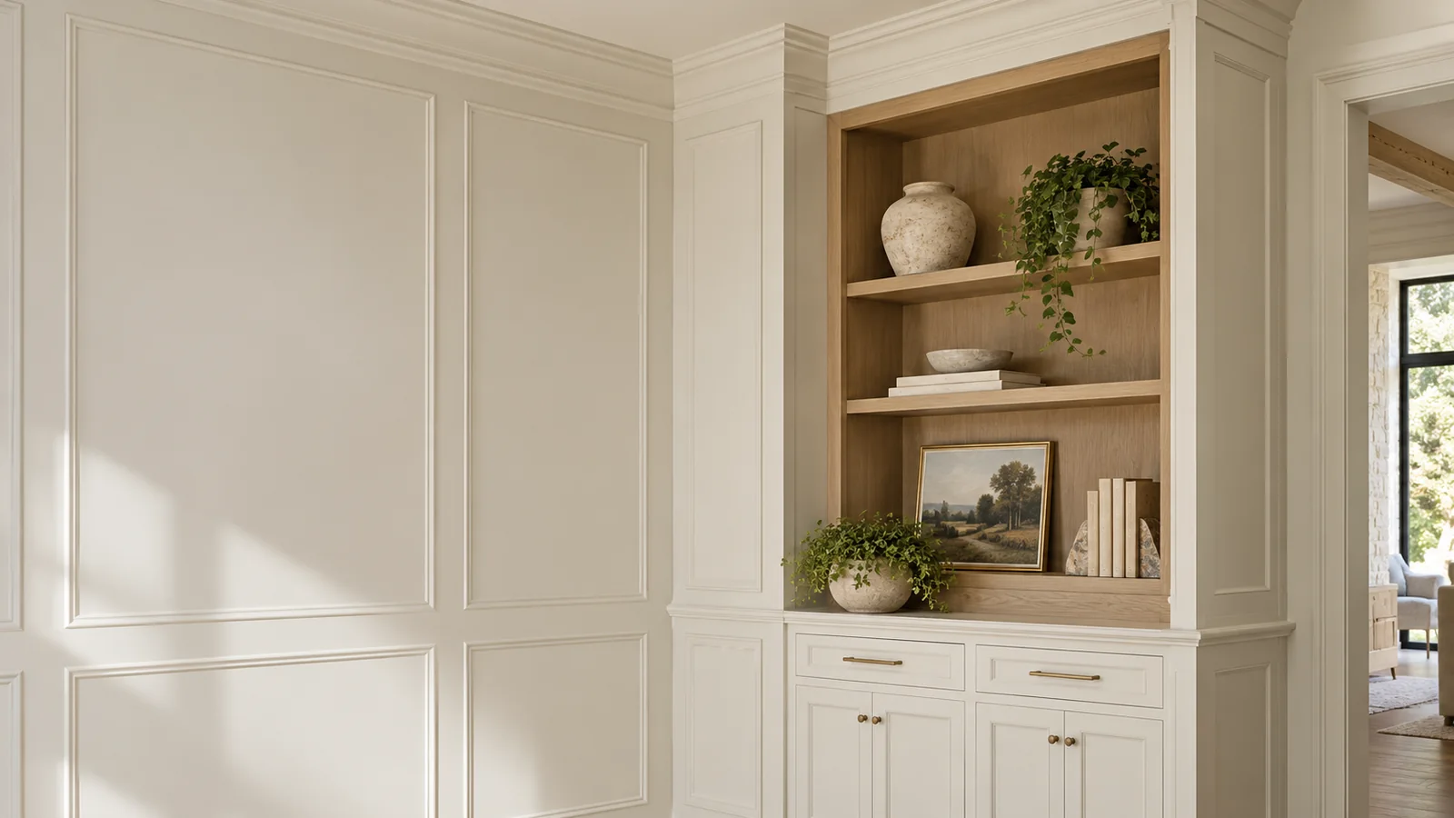 Finished trim and built-in cabinetry detail in a remodeled home