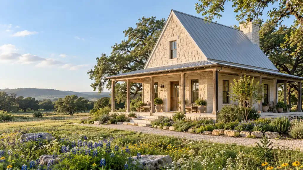 Restored limestone farmhouse with a tin roof and wraparound porch