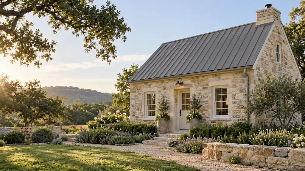 Restored historic Alsatian-style stone cottage with white trim