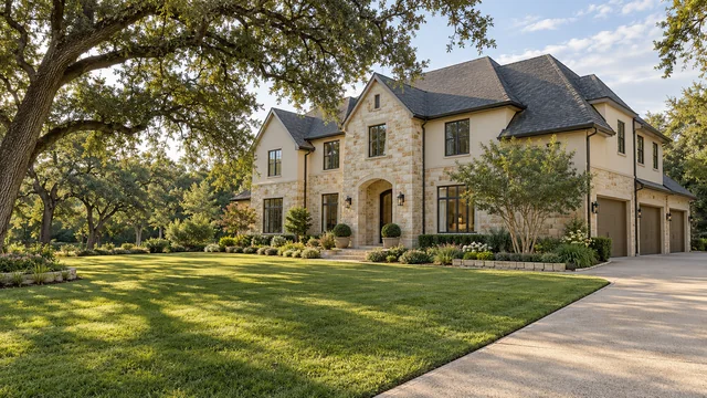 Large stone and stucco home among mature oaks