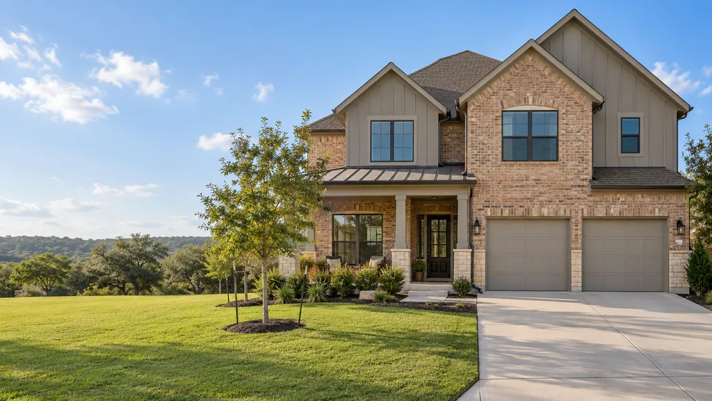 Newer two-story suburban home with brick and siding