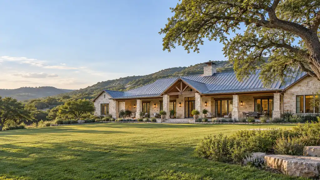 Hill Country ranch-style home with limestone walls and a covered porch