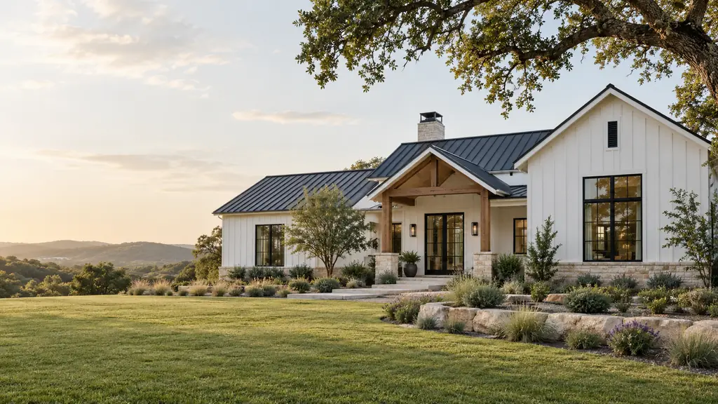 Modern farmhouse ranch home with white board-and-batten siding