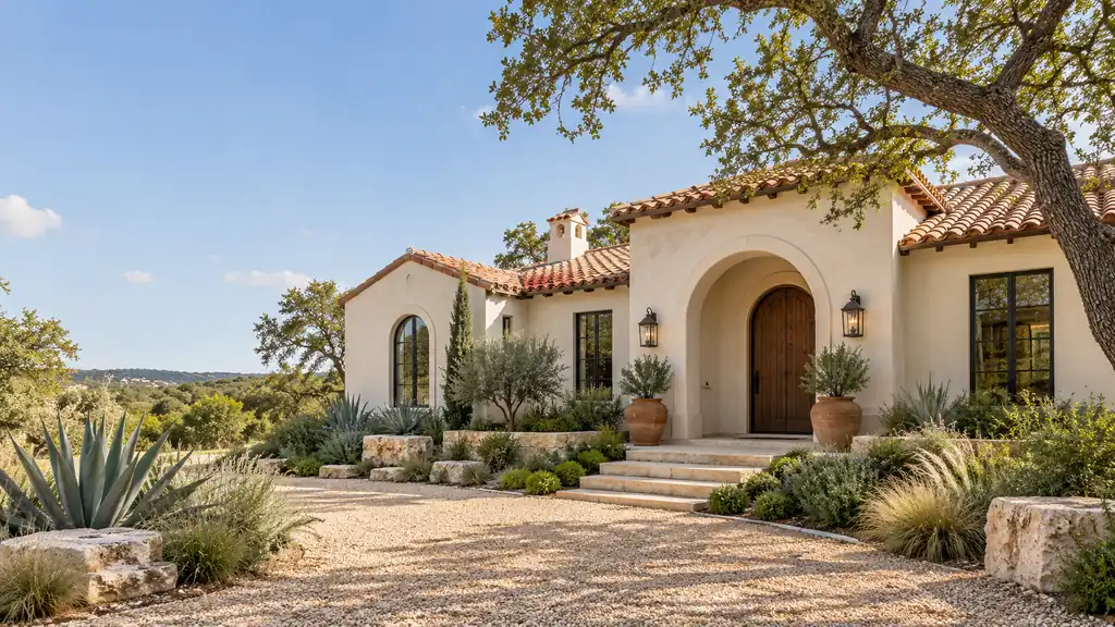 Renovated Spanish-revival style home with cream stucco and a clay tile roof