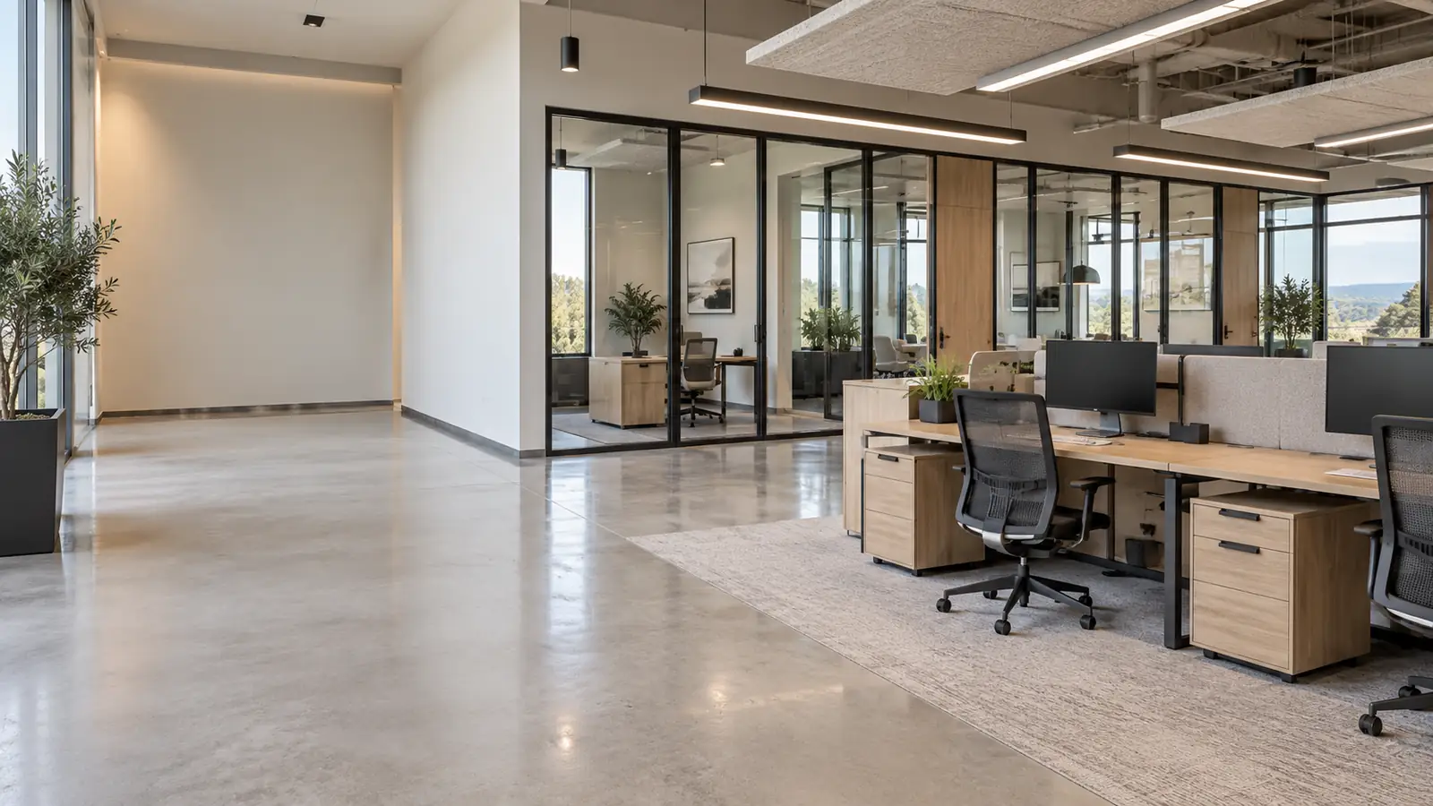 Finished commercial office build-out with glass-front offices and LED lighting