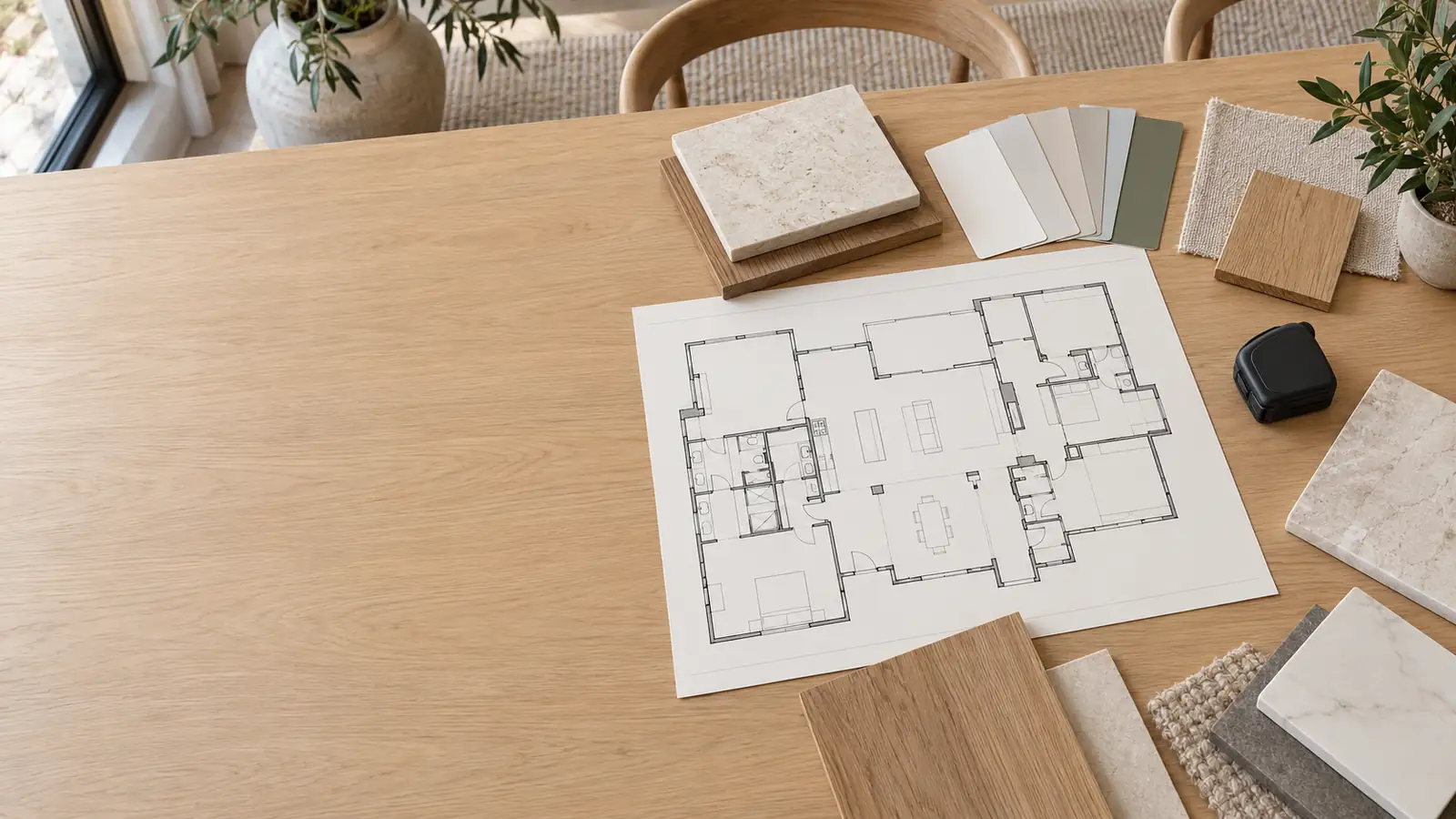 Remodel planning table with floor plans, tile samples and paint swatches