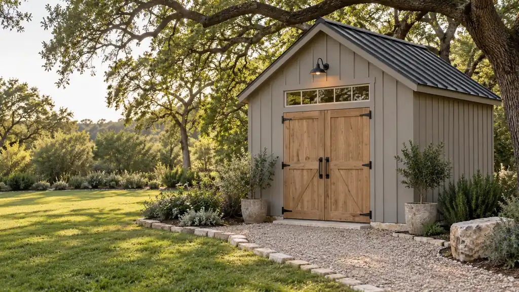 Custom board-and-batten backyard shed with a metal roof and double doors