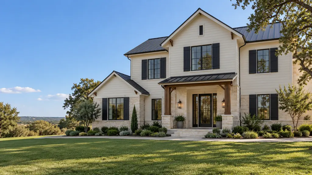 Two-story home with freshly painted siding, dark trim and stone accents