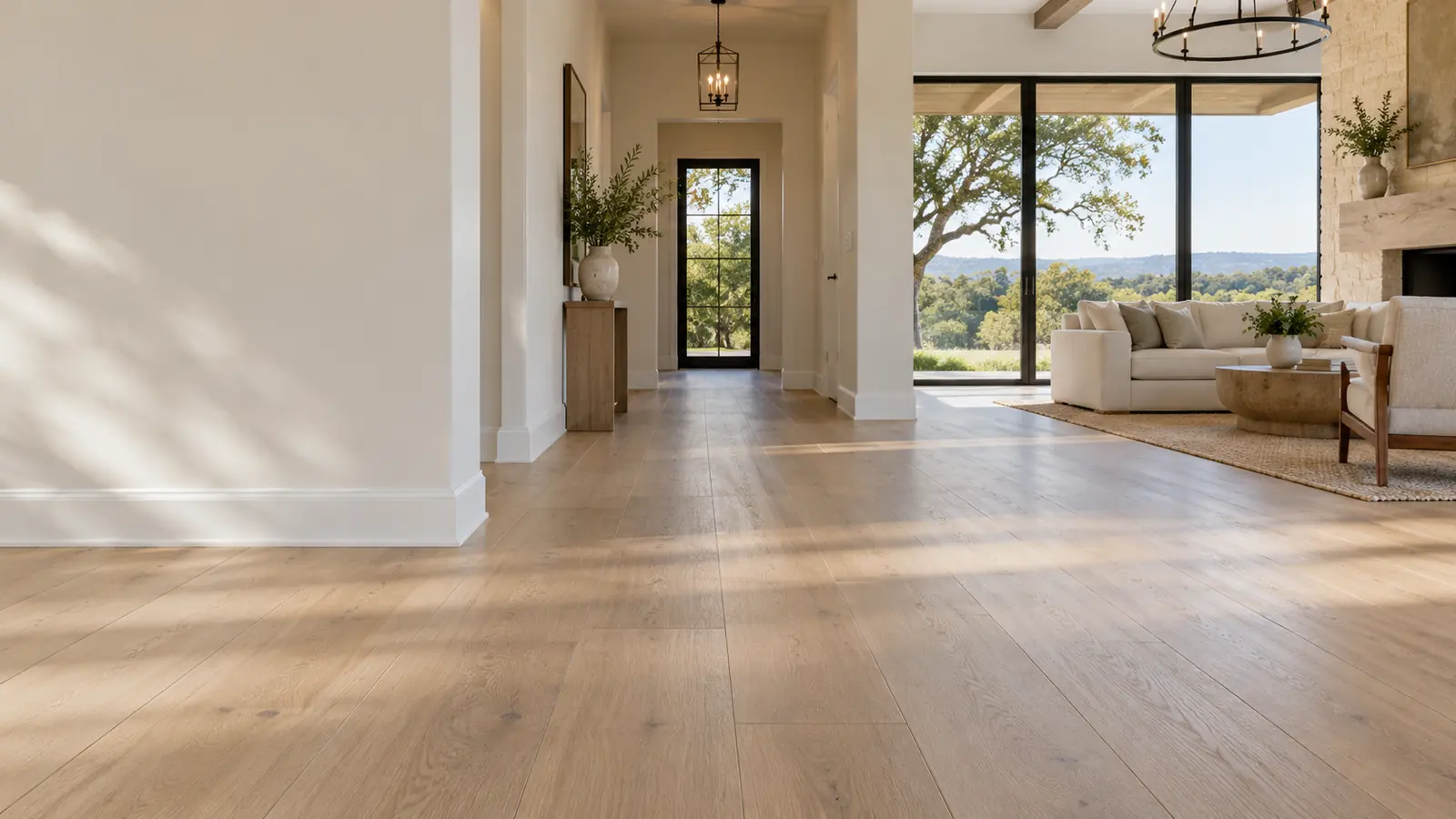 Wide-plank oak-look flooring installed through a bright hallway and living area