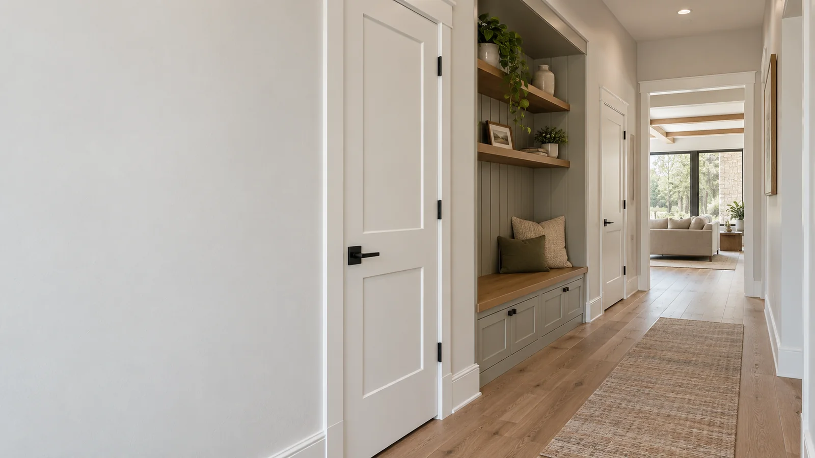 Finished hallway with smooth painted drywall, new doors, crisp trim and a built-in bench with shelves