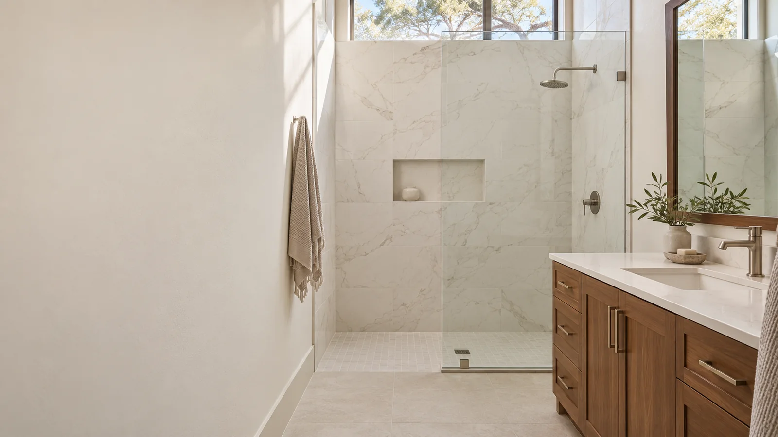 Remodeled bathroom with a marble-look tile shower and glass panel
