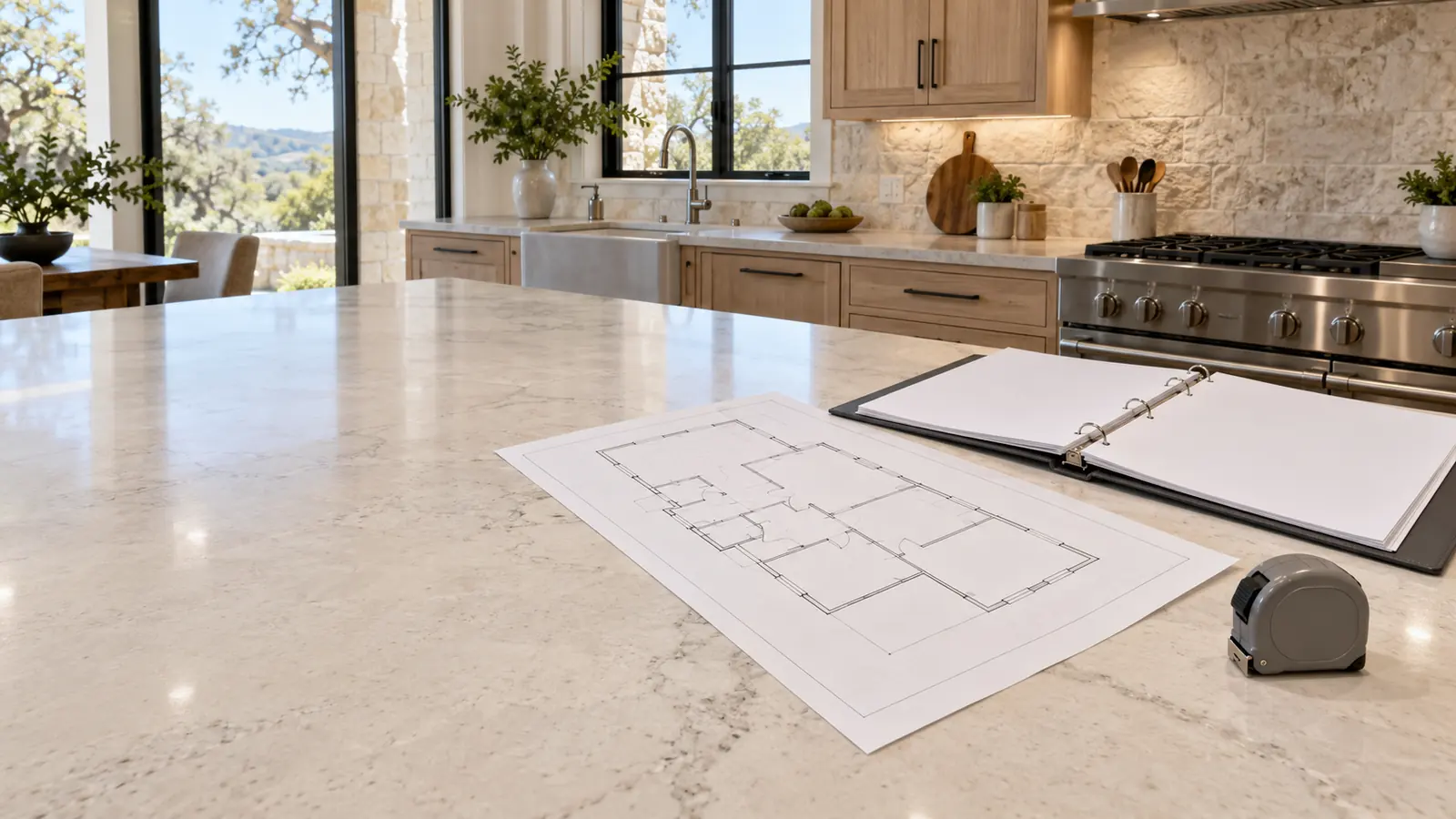 House plans and an estimate binder on a kitchen counter