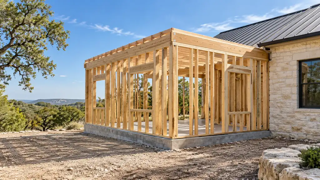 Wood-framed room addition under construction beside a limestone home