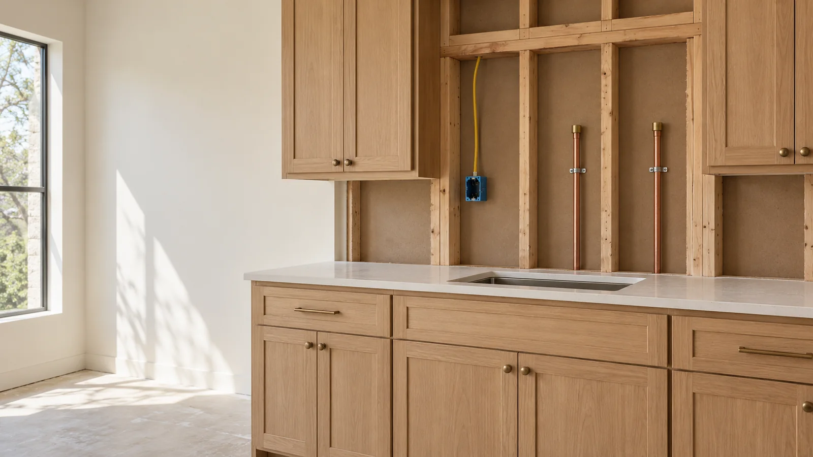 Kitchen remodel in progress with new cabinets and open walls for rough-in