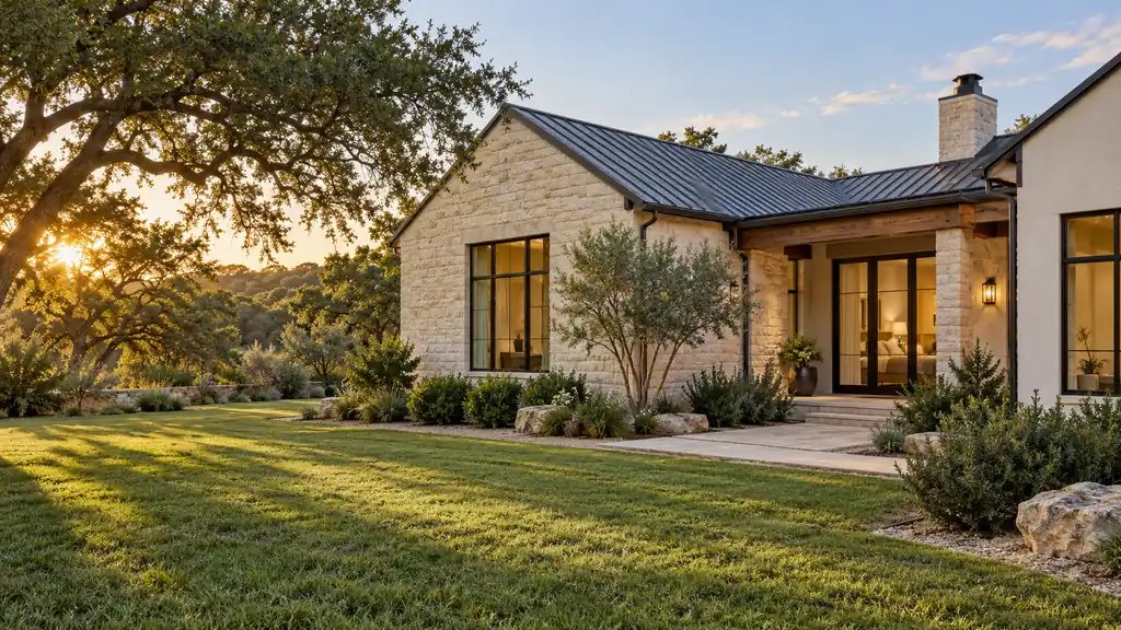 Primary suite addition matching a limestone and stucco Hill Country home