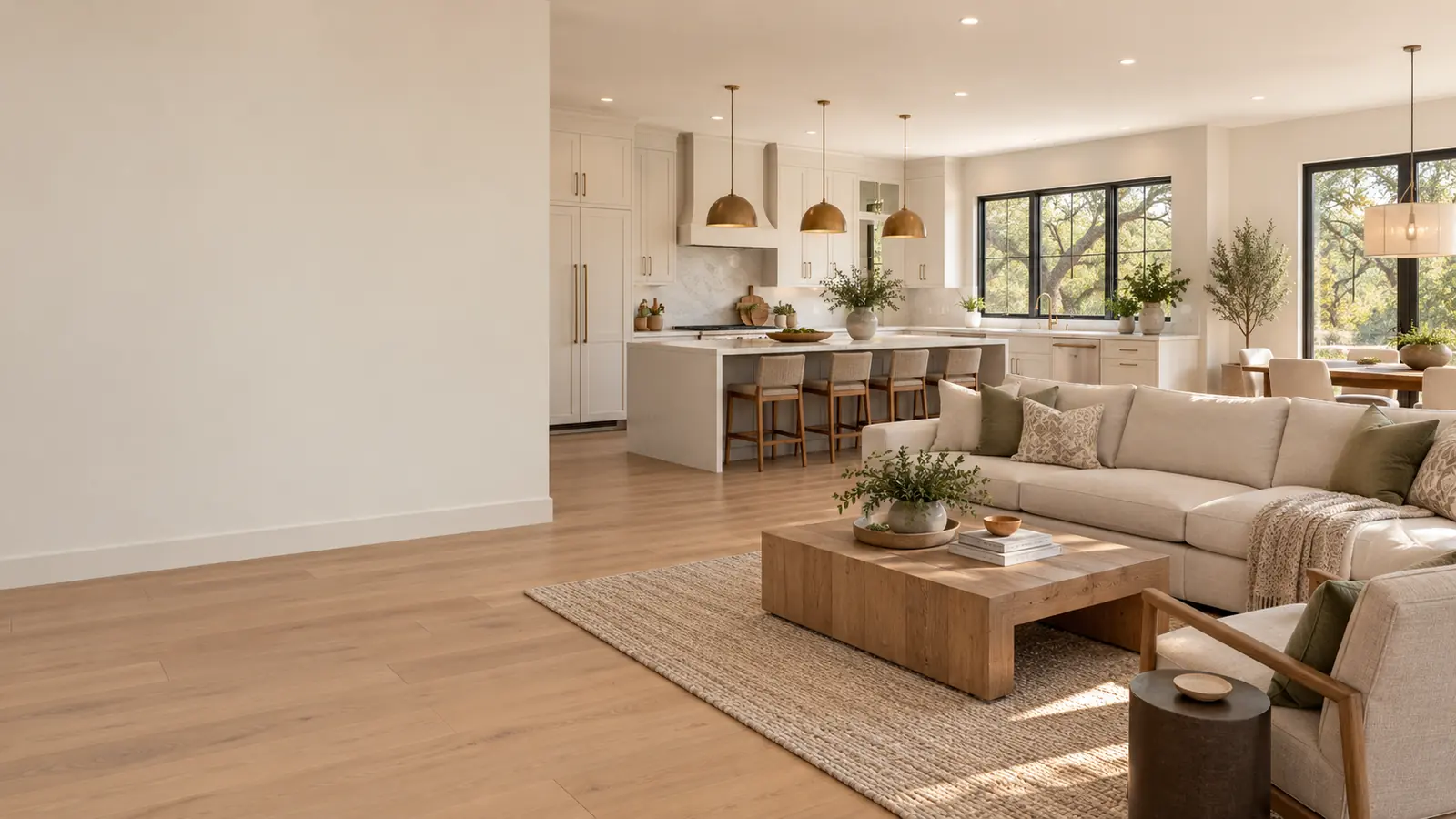 Remodeled open living room and kitchen with a quartz island, white oak floors and painted shaker cabinets