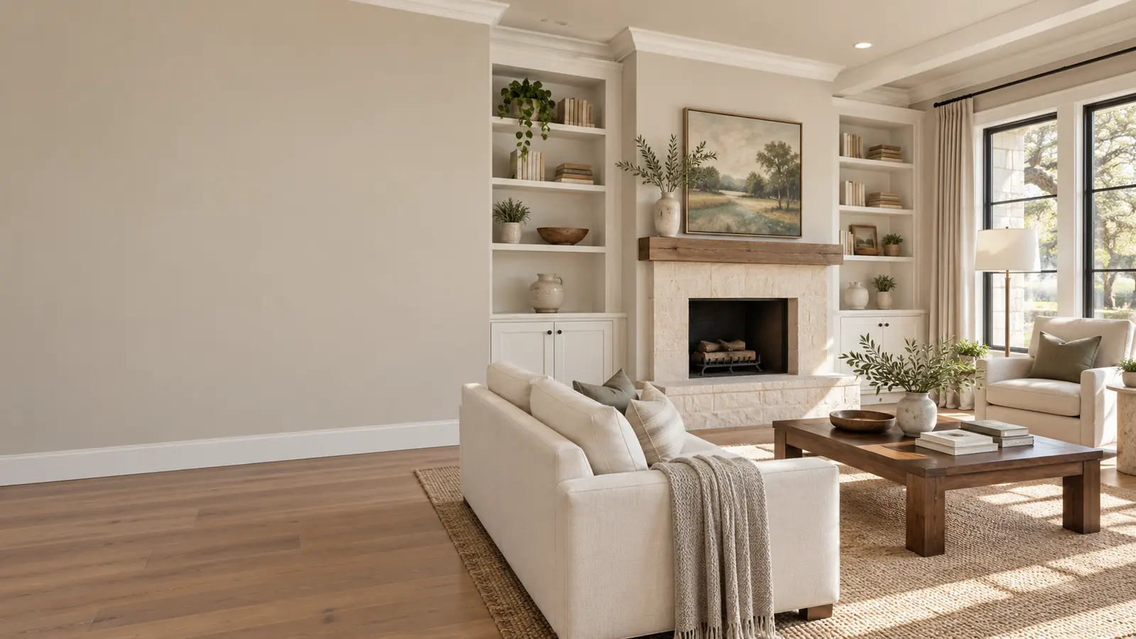 Freshly painted living room with greige walls and crisp white trim