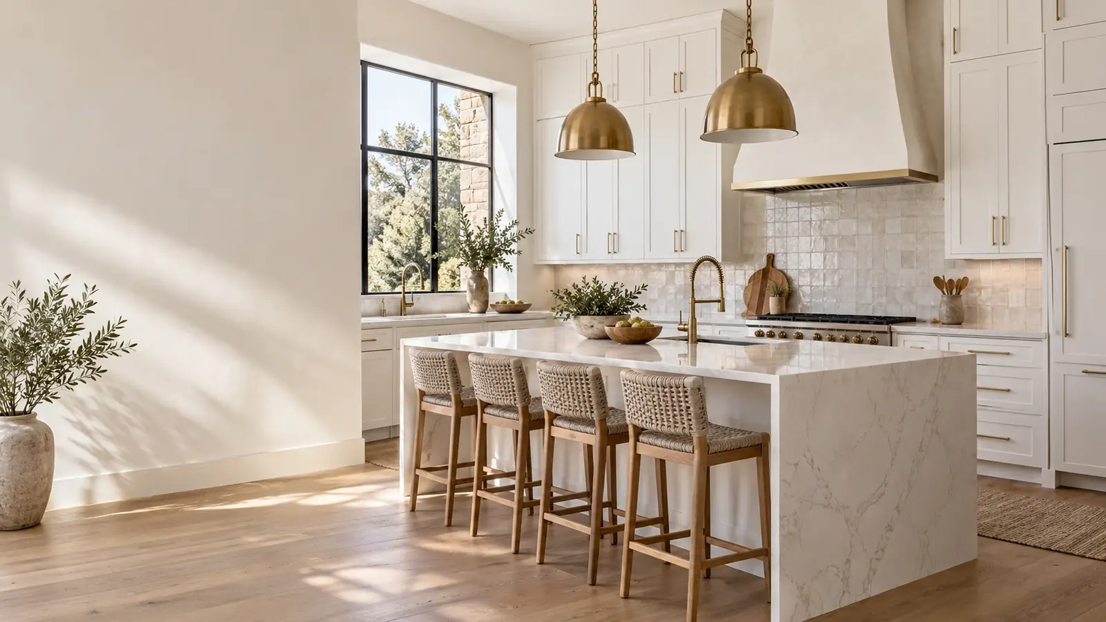Transitional kitchen remodel with a quartz island, shaker cabinets and pendant lights