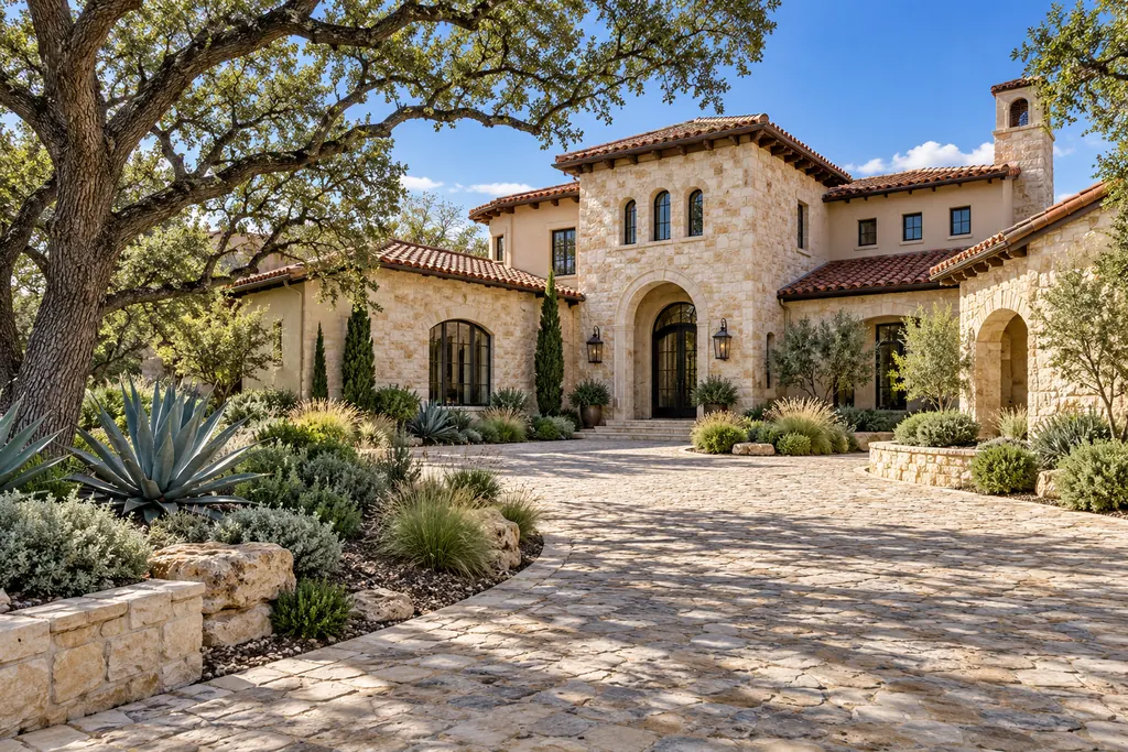 AI architectural illustration of a northwest San Antonio style limestone and stucco residence with a tile roof in daylight