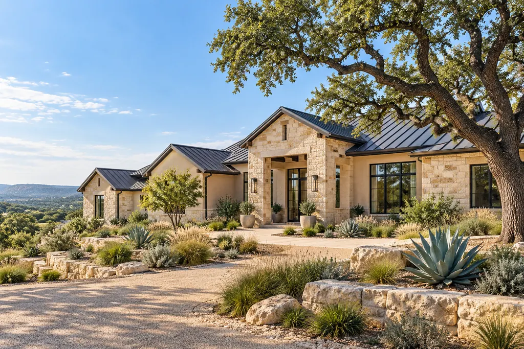 AI architectural illustration of a limestone and stucco Hill Country home with a matching addition and live oak in daylight
