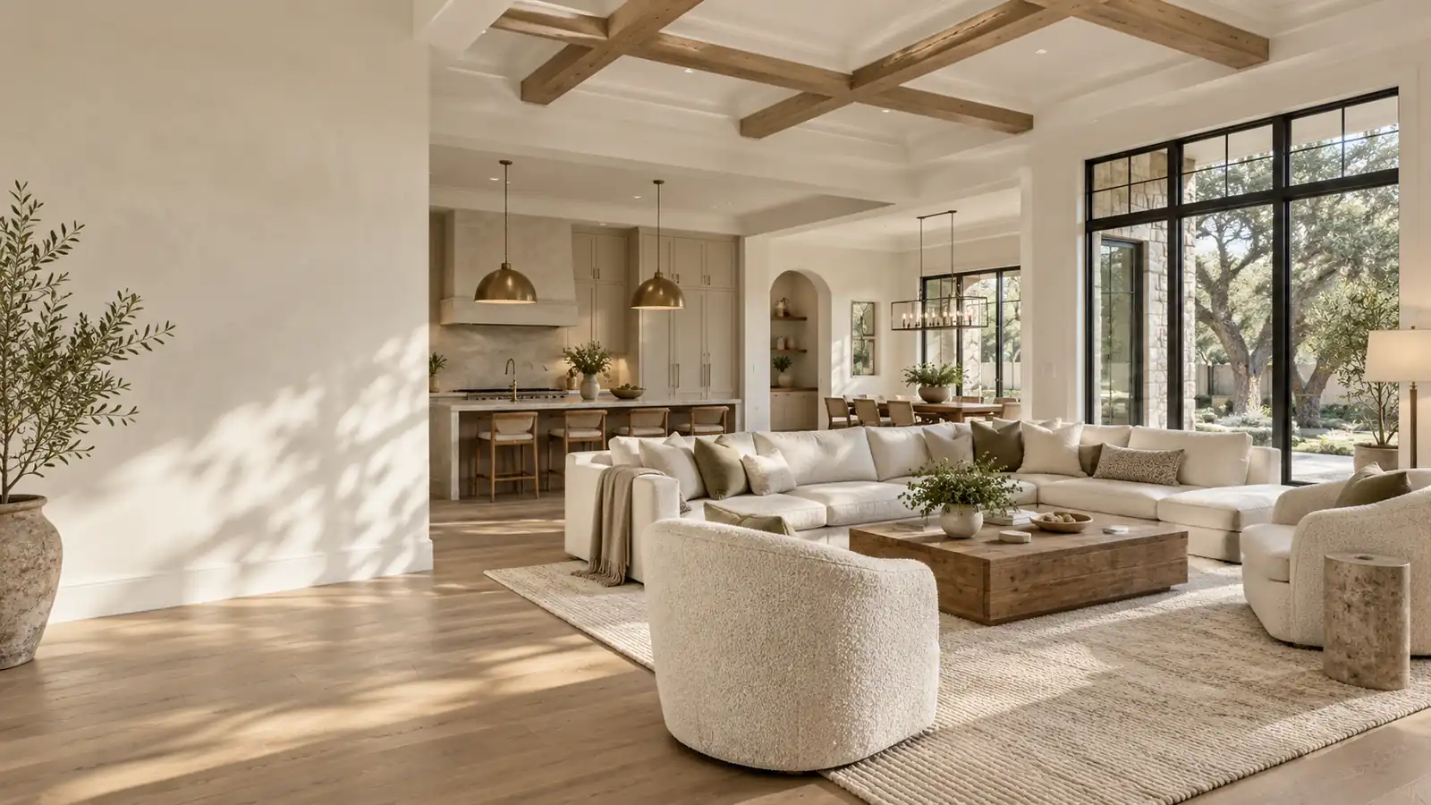 Bright remodeled open-plan living room and kitchen with wide-plank oak floors