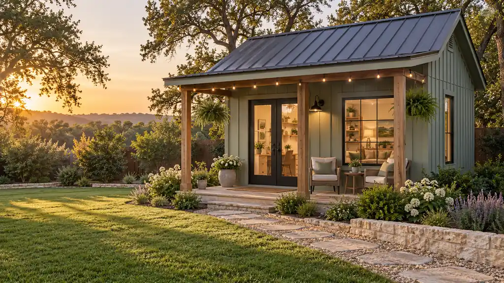 Board-and-batten she shed studio with French doors, a small porch and a metal roof in a landscaped backyard