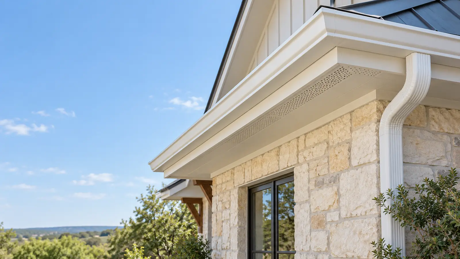 Repaired roof eave with new white fascia boards, vented soffit and fresh exterior trim paint